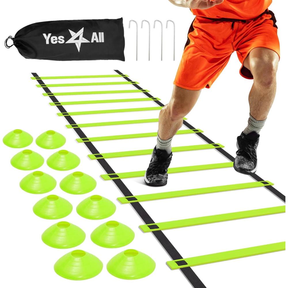 Yes4All Agility Ladder – Adjustable Speed & Agility Training Equipment for All Ages – Durable, Portable, Multiple Combo Sets Available(B. Combo Lime)