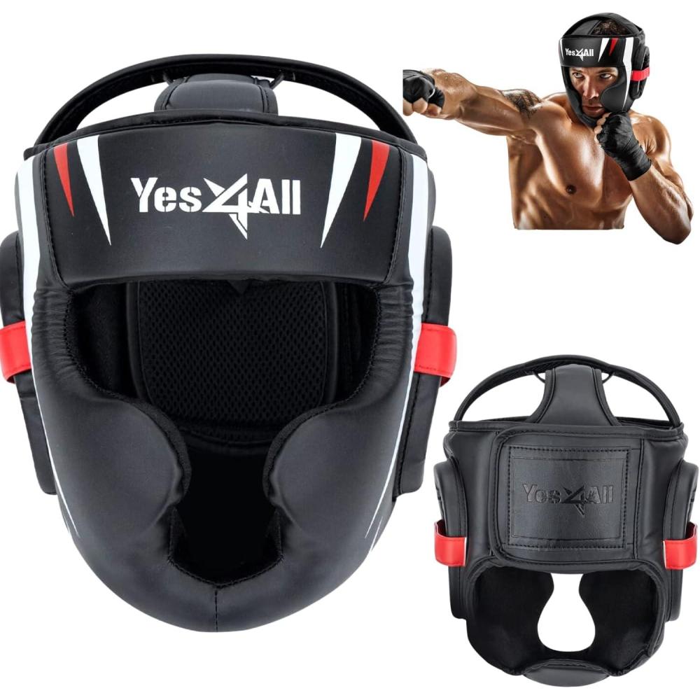 Yes4All Extreme Full Face Boxing Headgear, Adjustable Sparring Headgear, Martial Arts Helmet with PU Leather for Muay Thai, MMA Training, Sparring, Kickboxing(Black)