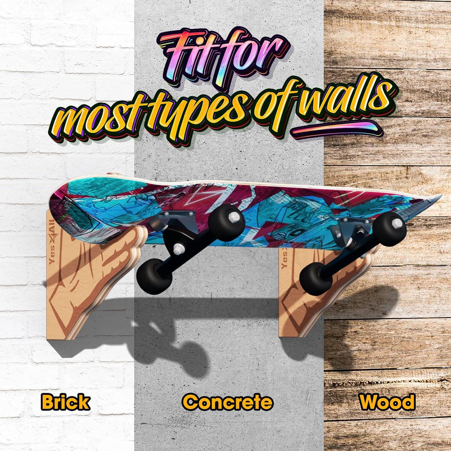 Yes4All Unique Wooden Skateboard Rack, Wall Mounted Longboard Storage for Home Decor and Garage Organizer(A. Wooden Skate Wall Rack – Multicolor)