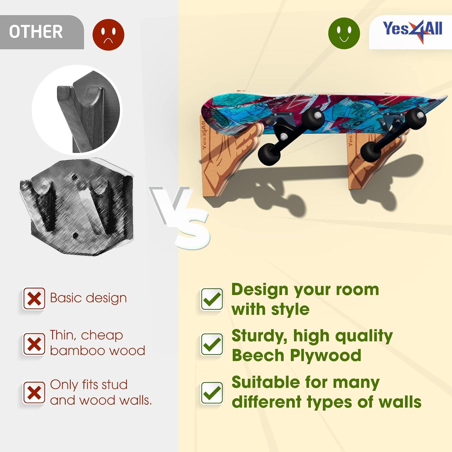 Yes4All Unique Wooden Skateboard Rack, Wall Mounted Longboard Storage for Home Decor and Garage Organizer(A. Wooden Skate Wall Rack – Multicolor)