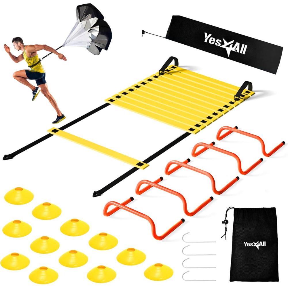 Yes4All Agility Ladder Speed Training Equipment Set – 1 Adjustable Agility Ladder, 12 Soccer Cones, 5 Hurdles, Jump Rope, Running Parachute – Speed & Agility Training Equipment for All Ages(A. Set Yellow)