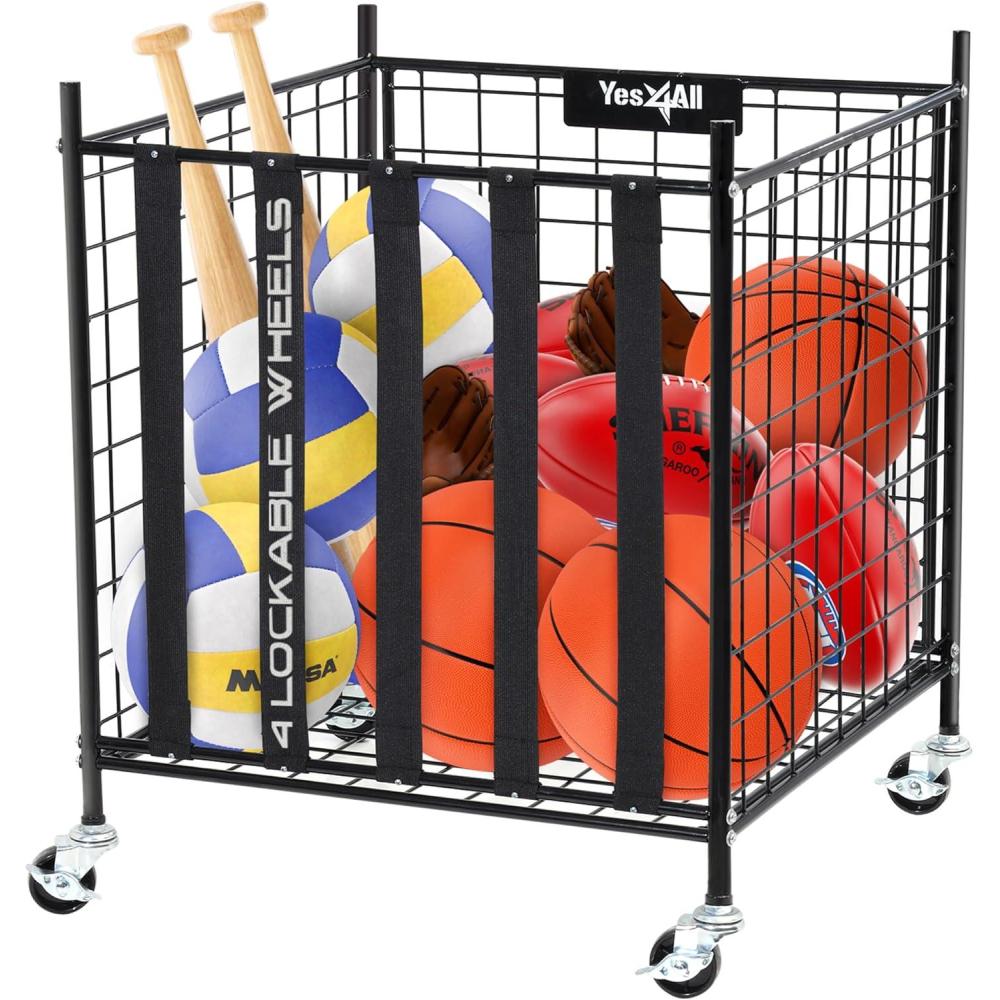 YES4ALL Rolling Ball Cart Storage with Lockable Wheels Volleyball Basketball Holder, Toy Balls Bin, Garage Cage, Storage Racks, Sports Equipment Organizer, Ball Rack for Outdoor Indoor Use(Ball Storage)