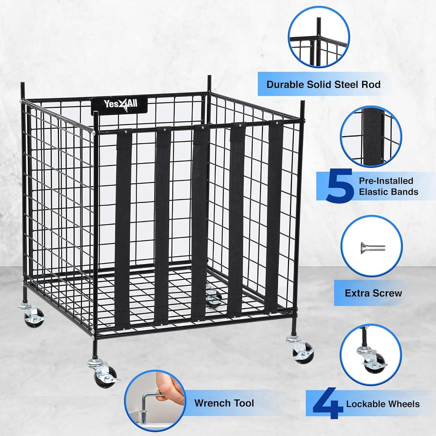 YES4ALL Rolling Ball Cart Storage with Lockable Wheels Volleyball Basketball Holder, Toy Balls Bin, Garage Cage, Storage Racks, Sports Equipment Organizer, Ball Rack for Outdoor Indoor Use(Ball Storage)