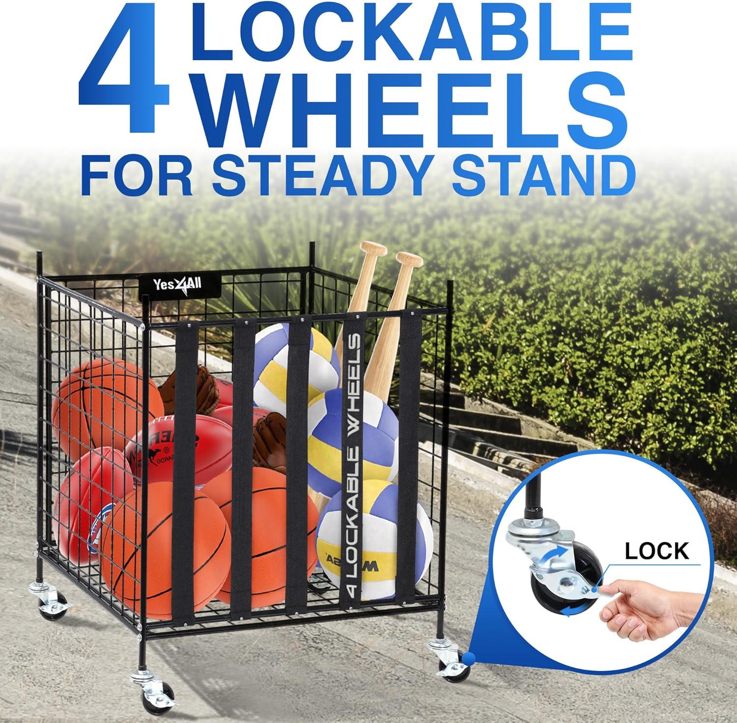 YES4ALL Rolling Ball Cart Storage with Lockable Wheels Volleyball Basketball Holder, Toy Balls Bin, Garage Cage, Storage Racks, Sports Equipment Organizer, Ball Rack for Outdoor Indoor Use(Ball Storage)