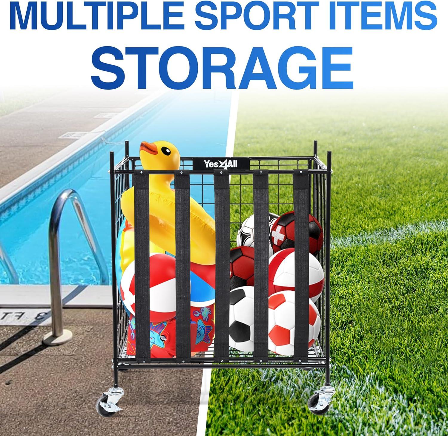 YES4ALL Rolling Ball Cart Storage with Lockable Wheels Volleyball Basketball Holder, Toy Balls Bin, Garage Cage, Storage Racks, Sports Equipment Organizer, Ball Rack for Outdoor Indoor Use(Ball Storage)