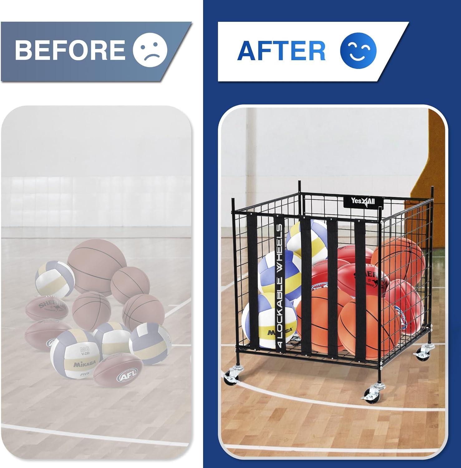 YES4ALL Rolling Ball Cart Storage with Lockable Wheels Volleyball Basketball Holder, Toy Balls Bin, Garage Cage, Storage Racks, Sports Equipment Organizer, Ball Rack for Outdoor Indoor Use(Ball Storage)