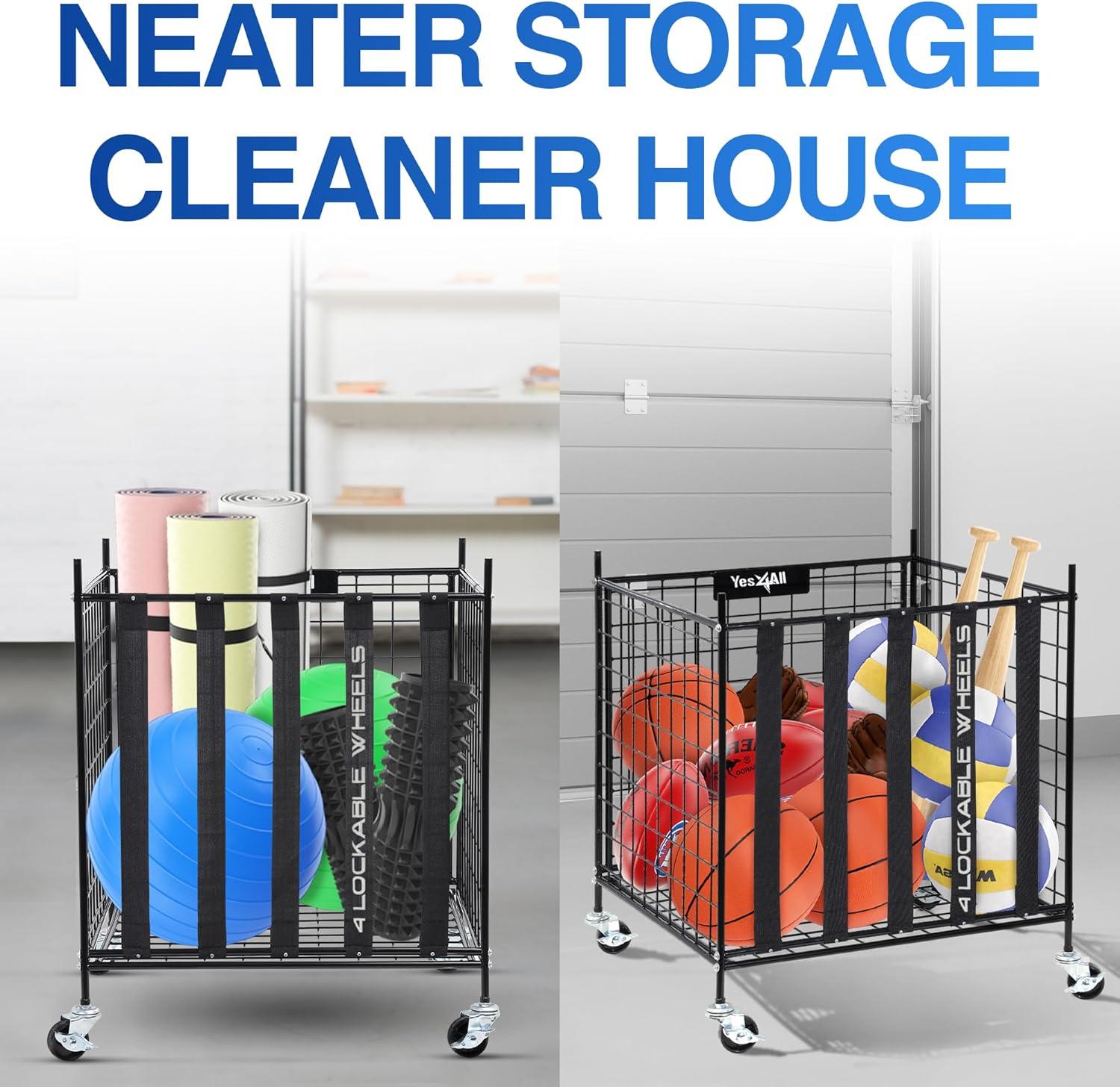 YES4ALL Rolling Ball Cart Storage with Lockable Wheels Volleyball Basketball Holder, Toy Balls Bin, Garage Cage, Storage Racks, Sports Equipment Organizer, Ball Rack for Outdoor Indoor Use(Ball Storage)
