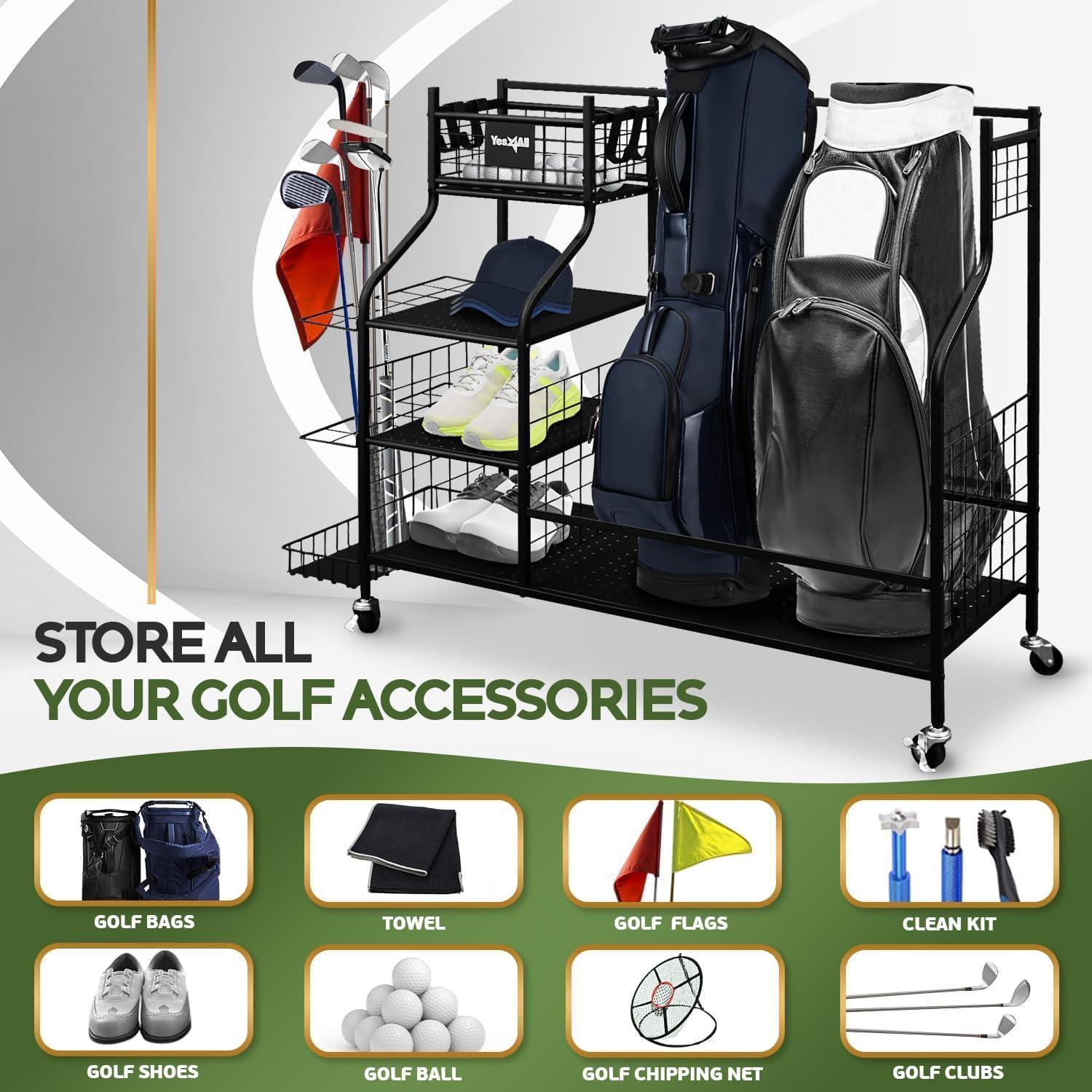 Yes4All Golf Storage Garage Organizer, Golf Bag Storage Stand and Other Golfing Equipment Rack, Extra Storage Rack for Golf Clubs,Black(A. Golf Storage)
