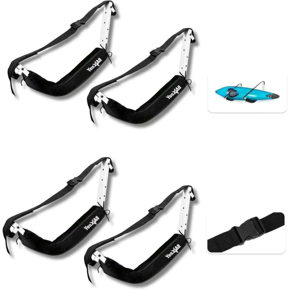 Yes4All Kayak Storage Hooks, Heavy-Duty Premium Foam Padded Surfboard Wallmount Rack, Set of 2 SUP Paddle Board Rack Hold up to 125 Lbs/Canoe, Bike, Kayak Storage Hook Indoor & Outdoor Hangers,Black(B. 2 LEVELS – 2 PAIRS)