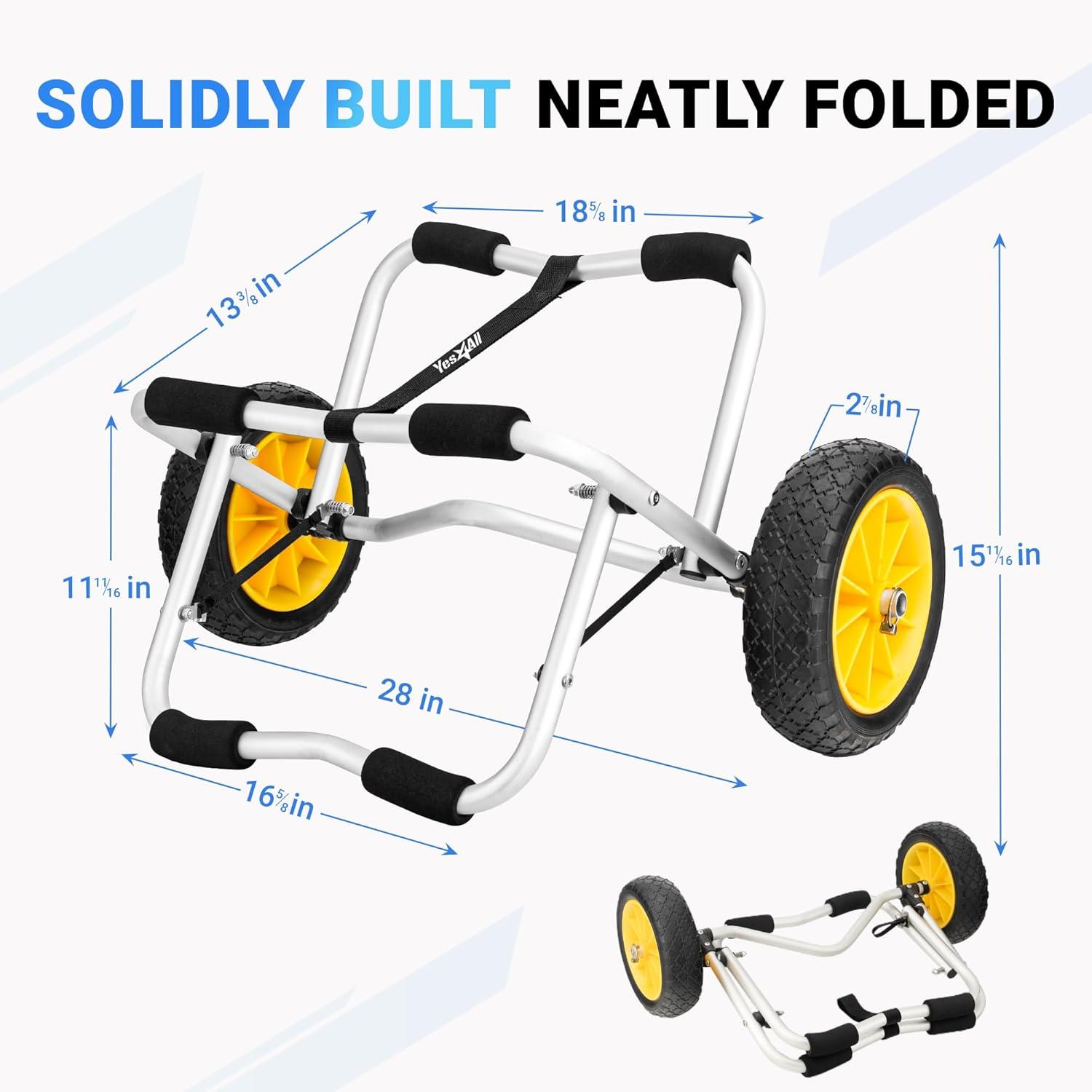 YES4ALL Kayak Cart U-Shape Aluminum, 200lbs Capacity Kayak Dolly with 4 Fixing Straps & Thick PU Wheels, Foldable Canoe Cart