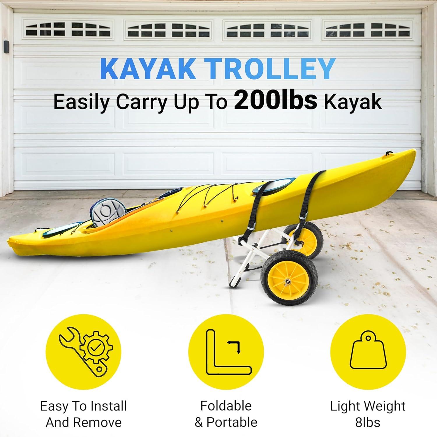 YES4ALL Kayak Cart U-Shape Aluminum, 200lbs Capacity Kayak Dolly with 4 Fixing Straps & Thick PU Wheels, Foldable Canoe Cart