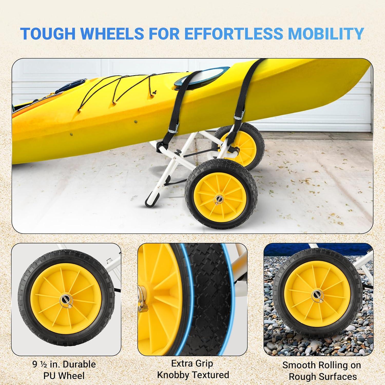 YES4ALL Kayak Cart U-Shape Aluminum, 200lbs Capacity Kayak Dolly with 4 Fixing Straps & Thick PU Wheels, Foldable Canoe Cart