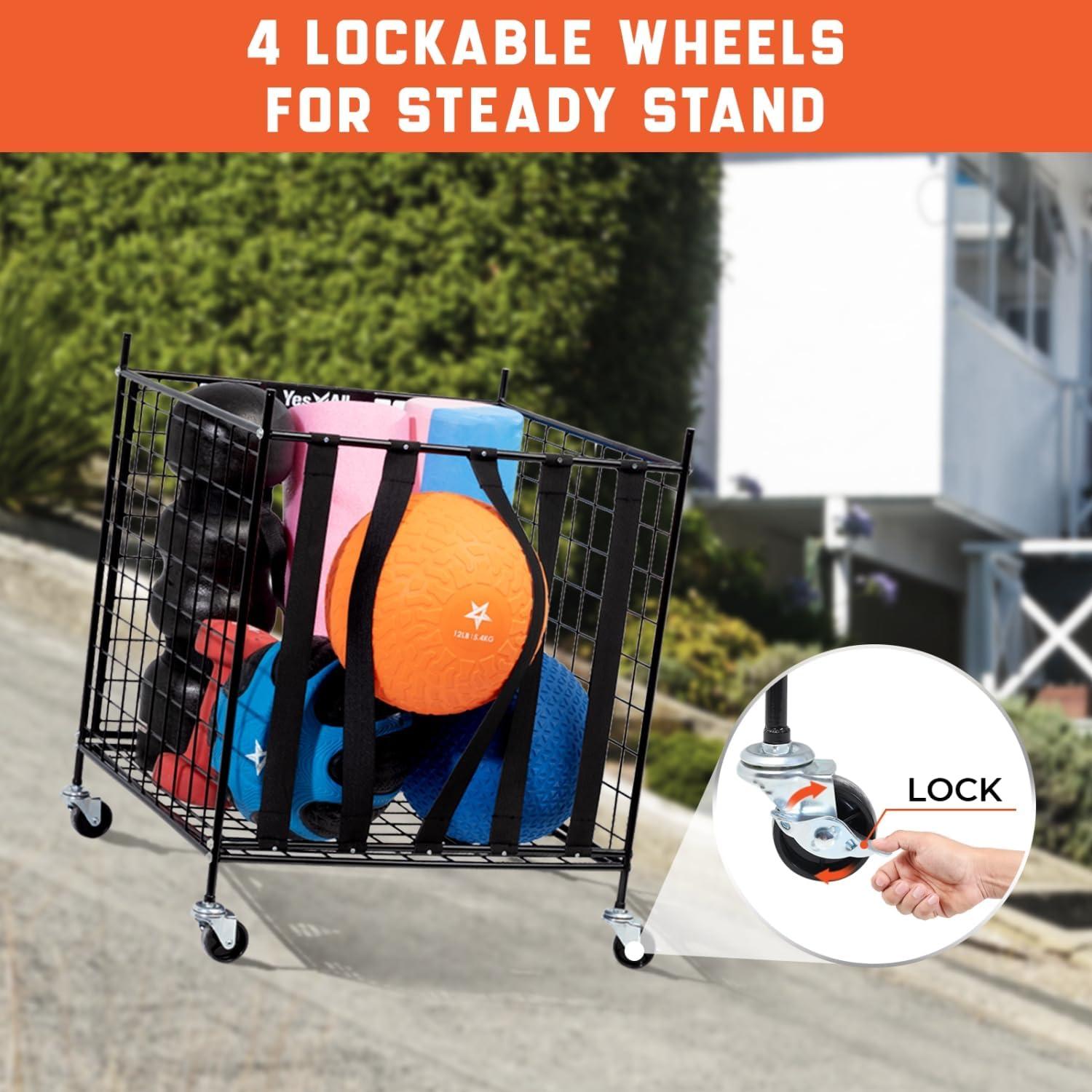 YES4ALL Rolling Ball Cart Volleyball Basketball Holder, Toy Balls Bin for Garage Cage, Storage Racks with Lockable Wheels, Sports Equipment Organizer, Ball Rack for Outdoor Indoor Use