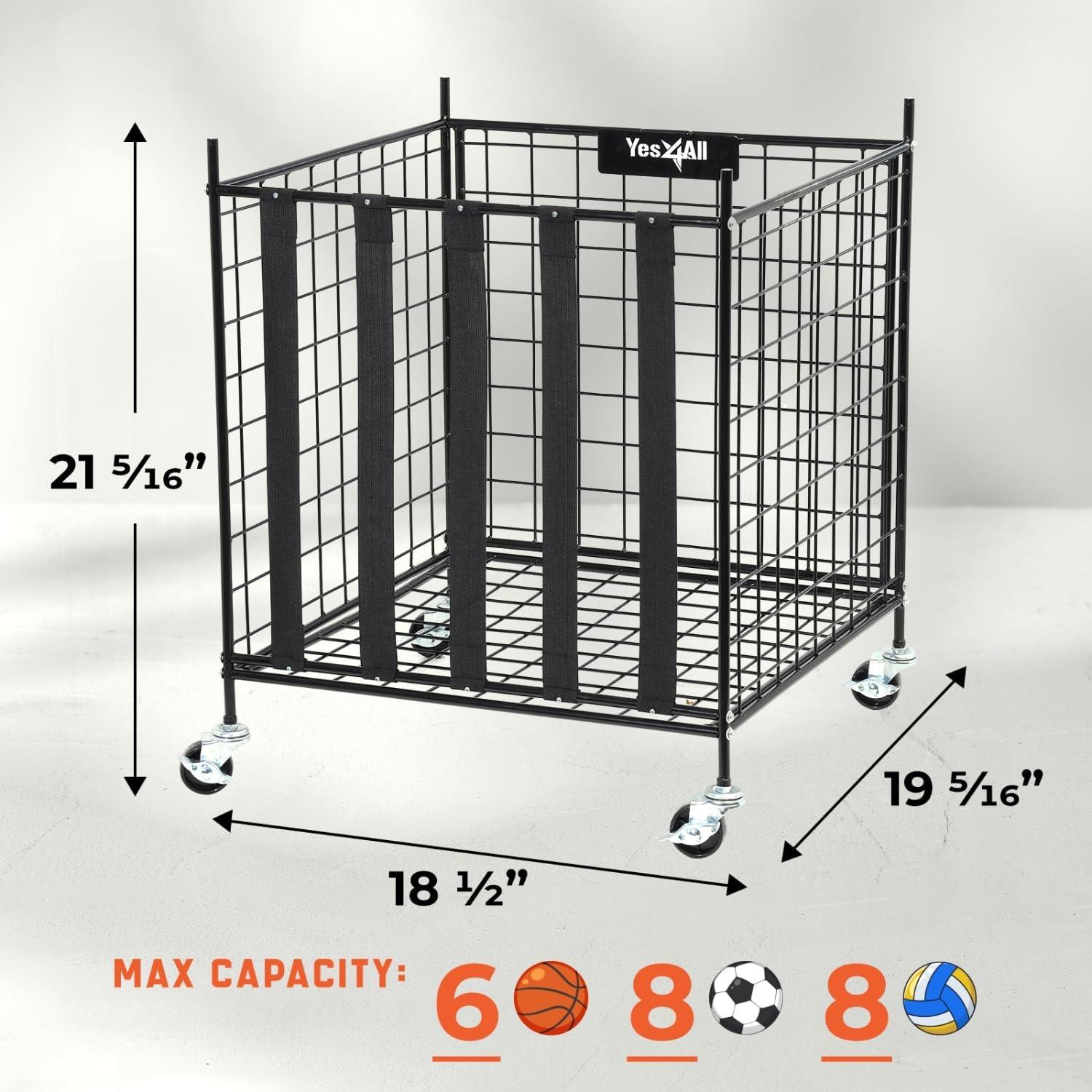 YES4ALL Rolling Ball Cart Volleyball Basketball Holder, Toy Balls Bin for Garage Cage, Storage Racks with Lockable Wheels, Sports Equipment Organizer, Ball Rack for Outdoor Indoor Use