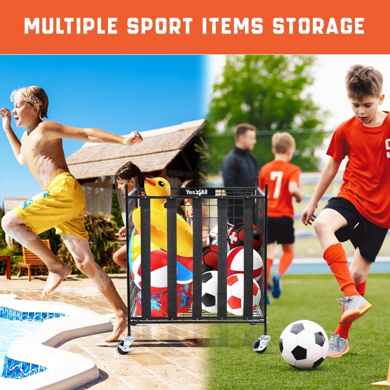YES4ALL Rolling Ball Cart Volleyball Basketball Holder, Toy Balls Bin for Garage Cage, Storage Racks with Lockable Wheels, Sports Equipment Organizer, Ball Rack for Outdoor Indoor Use