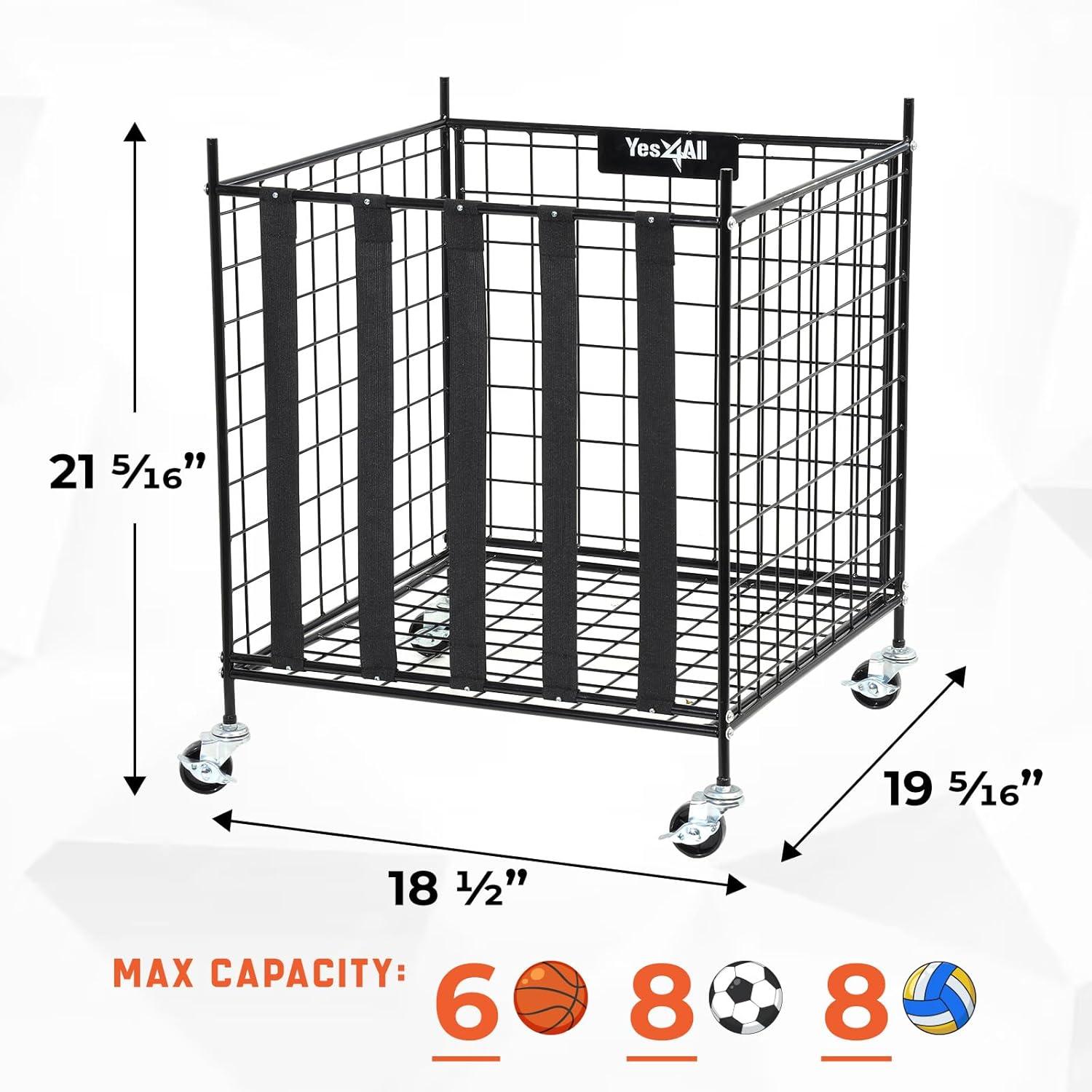 YES4ALL Rolling Ball Cart Volleyball Basketball Holder, Toy Balls Bin for Garage Cage, Storage Racks with Lockable Wheels, Sports Equipment Organizer, Ball Rack for Outdoor Indoor Use
