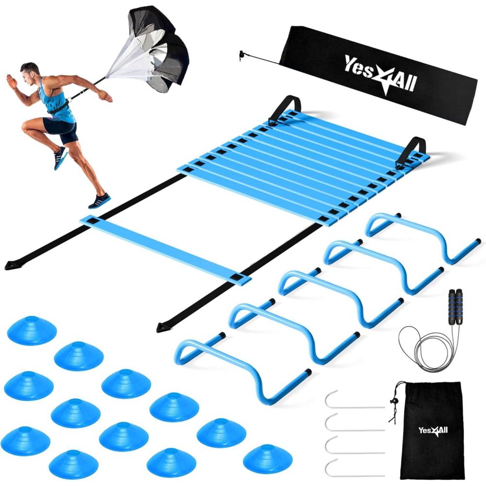 Yes4All Agility Ladder Speed Training Equipment Set – 1 Adjustable Agility Ladder, 12 Soccer Cones, 5 Hurdles, Jump Rope, Running Parachute – Speed & Agility Training Equipment for All Ages(C. Set Blue with Jump Rope)