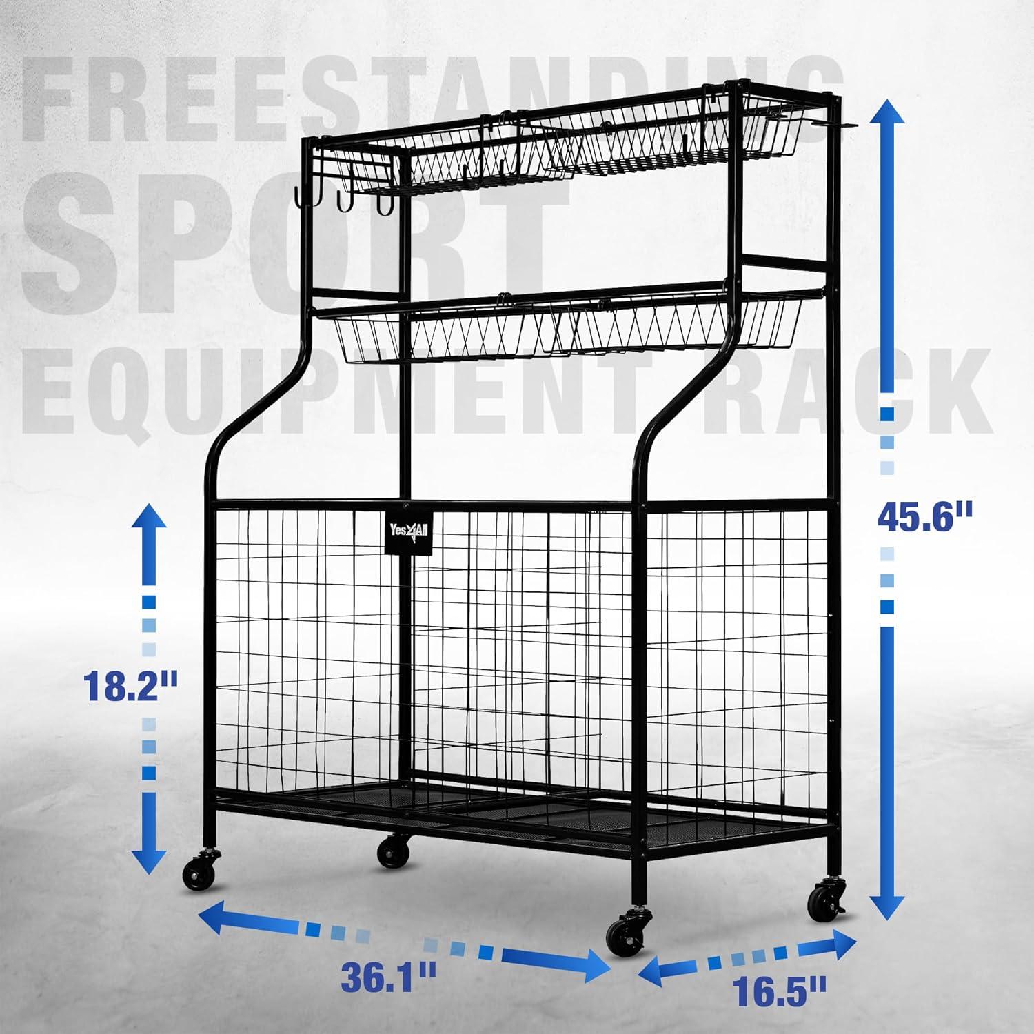YES4ALL Sports Equipment Garage Organizer, Garage Ball Storage, Ball Cart, Ball Rack, Garage Organizer for Garage with Basket and Hooks, Rolling Sports Ball Storage Cart for Indoor/Outdoor Use, Steel