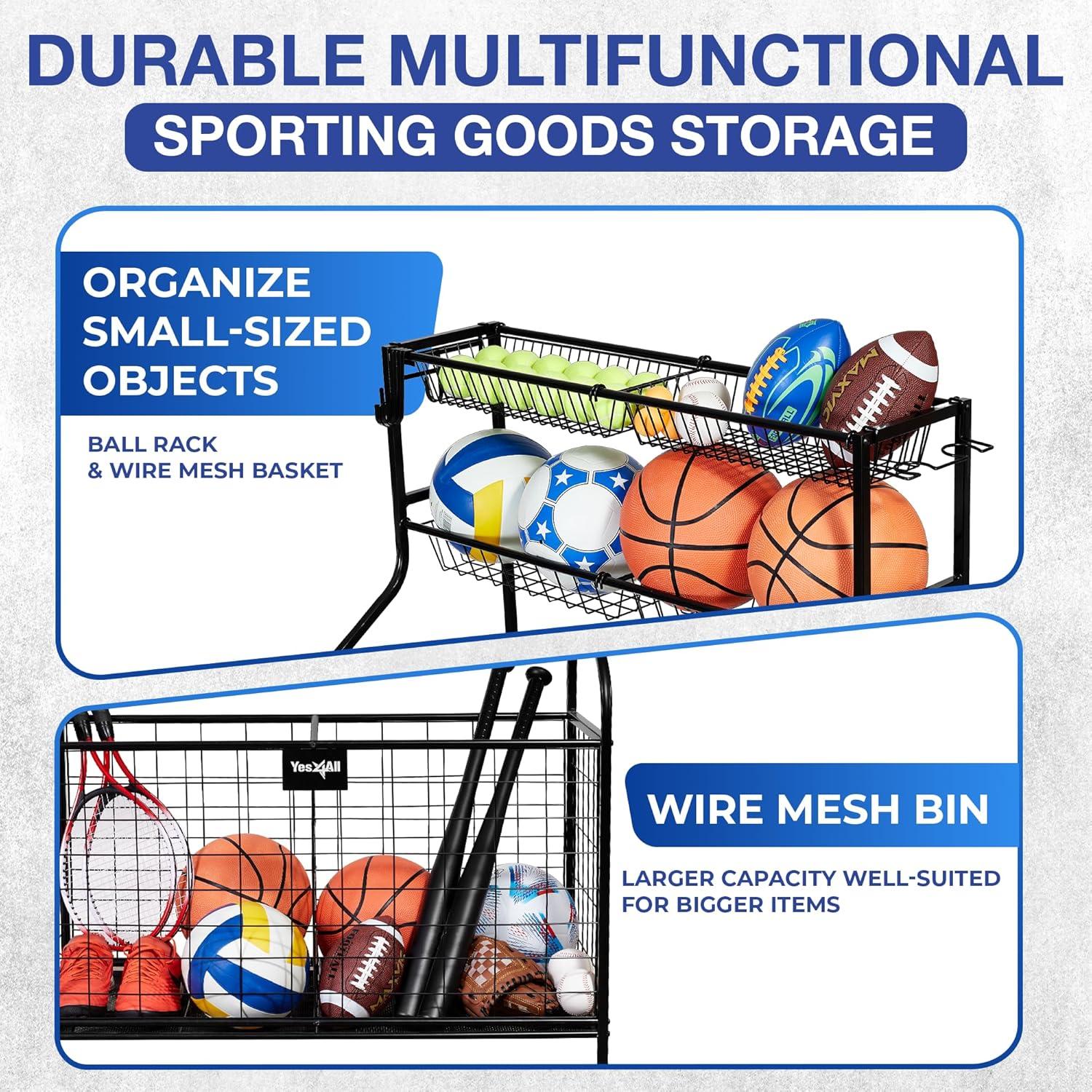 YES4ALL Sports Equipment Garage Organizer, Garage Ball Storage, Ball Cart, Ball Rack, Garage Organizer for Garage with Basket and Hooks, Rolling Sports Ball Storage Cart for Indoor/Outdoor Use, Steel