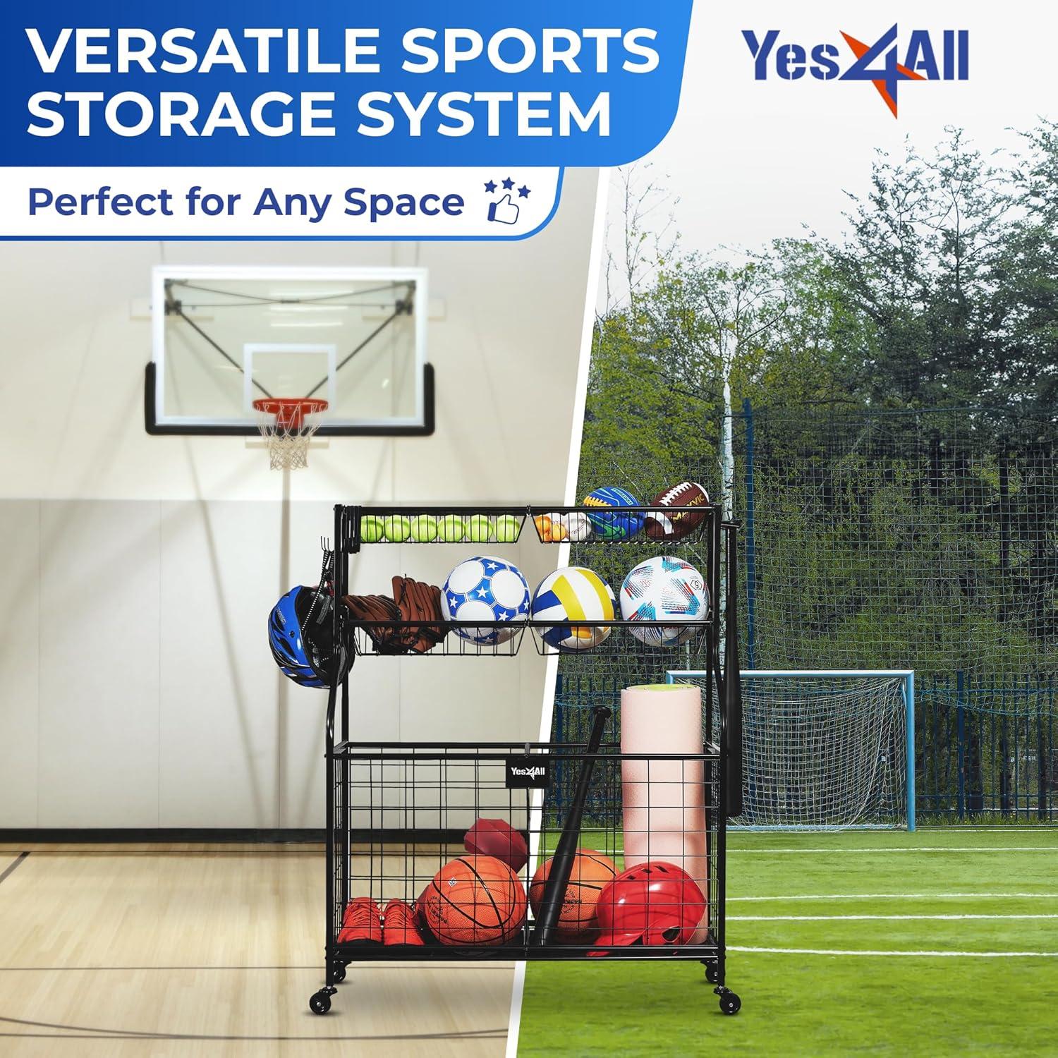 YES4ALL Sports Equipment Garage Organizer, Garage Ball Storage, Ball Cart, Ball Rack, Garage Organizer for Garage with Basket and Hooks, Rolling Sports Ball Storage Cart for Indoor/Outdoor Use, Steel