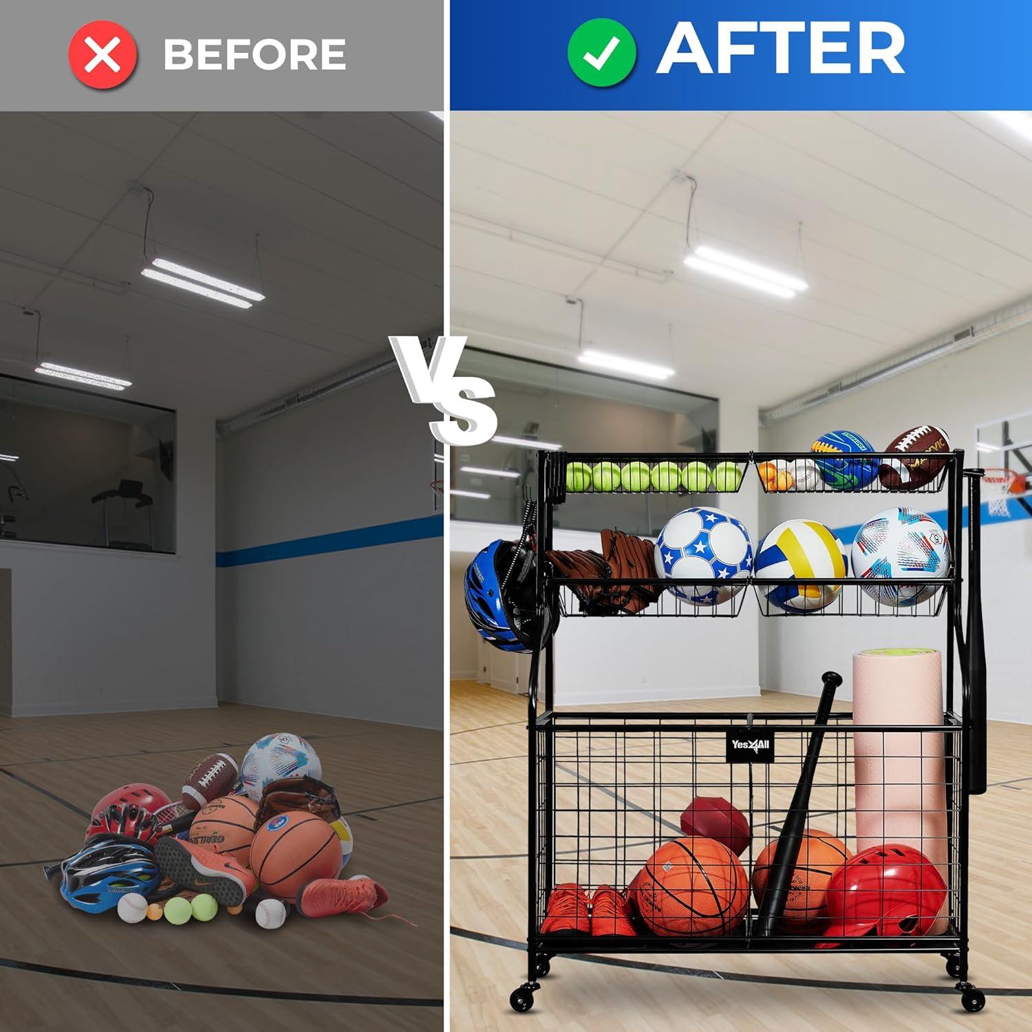YES4ALL Sports Equipment Garage Organizer, Garage Ball Storage, Ball Cart, Ball Rack, Garage Organizer for Garage with Basket and Hooks, Rolling Sports Ball Storage Cart for Indoor/Outdoor Use, Steel