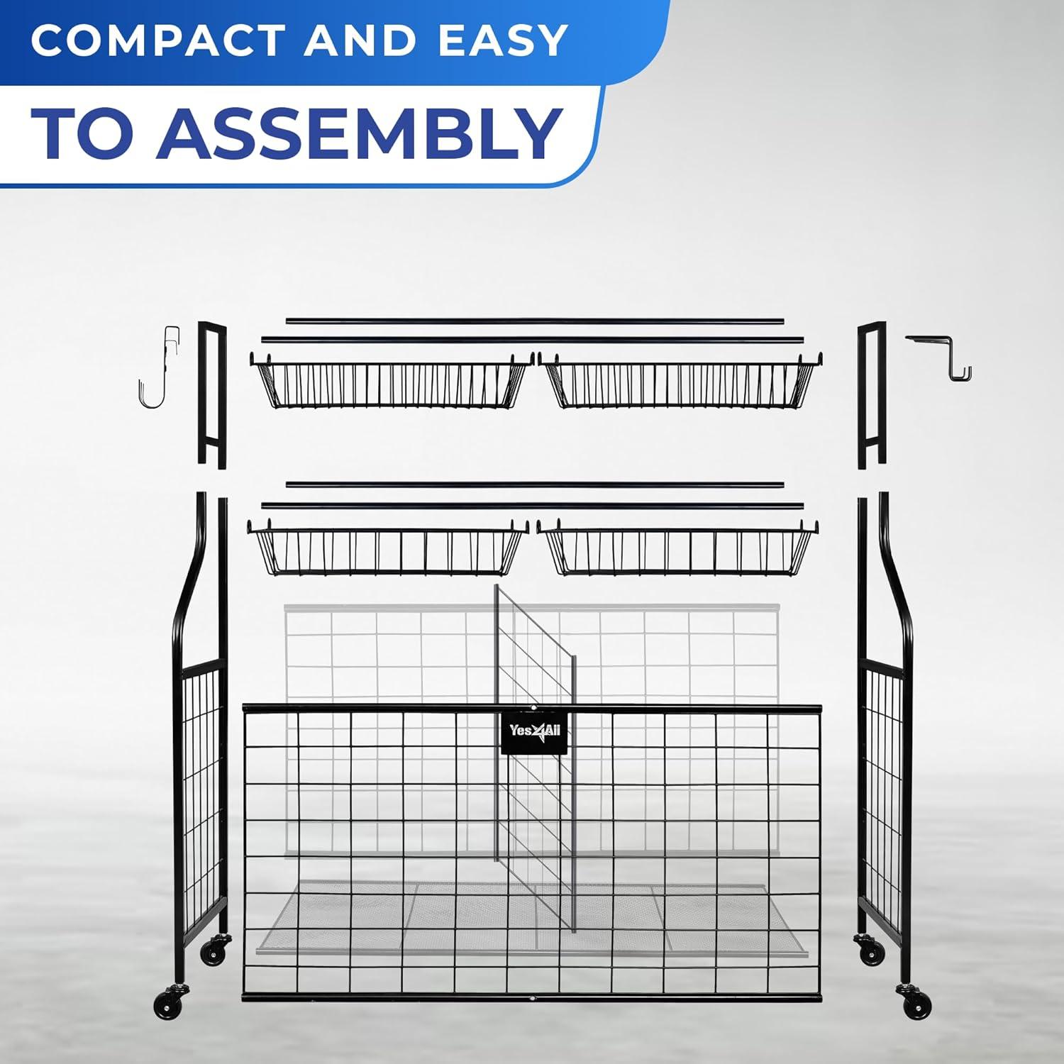 YES4ALL Sports Equipment Garage Organizer, Garage Ball Storage, Ball Cart, Ball Rack, Garage Organizer for Garage with Basket and Hooks, Rolling Sports Ball Storage Cart for Indoor/Outdoor Use, Steel