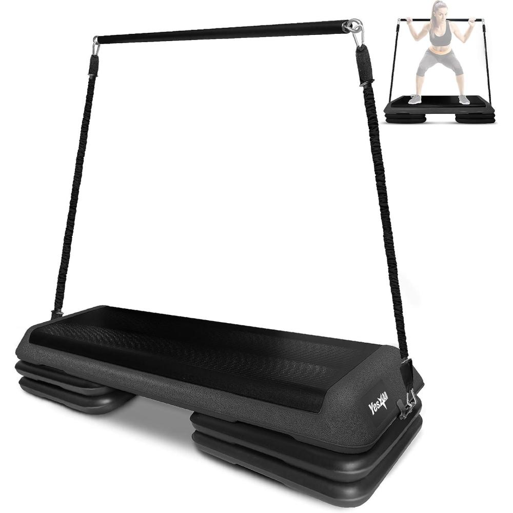Yes4All Adjustable Workout Aerobic Exercise Step Platform Health Club Size with 4 Adjustable Risers Included and Extra Risers Options(G. Adapter_Black)