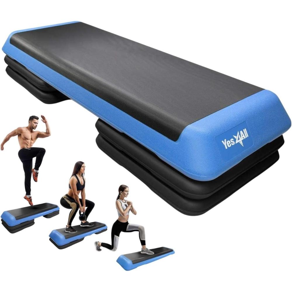 Yes4All Adjustable Workout Aerobic Exercise Step Platform Health Club Size with 4 Adjustable Risers Included and Extra Risers Options(E. Blue/Black)